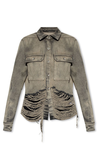 Rick Owens Drkshdw Ripped Buttoned Denim Overshirt In Grey