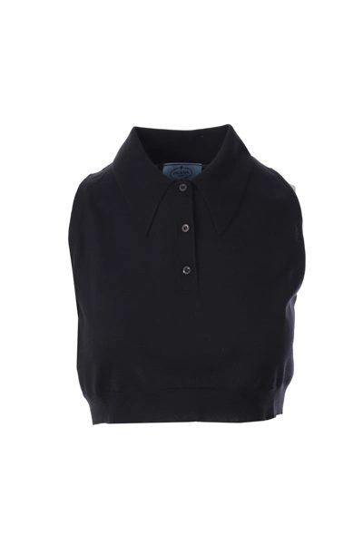 Prada Sleeveless Knitted Polo Shirt In Black