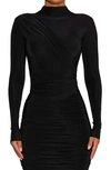 Naked Wardrobe Drama Ruched Long Sleeve Ribbed Body-con Midi Dress In Black