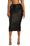 NAKED WARDROBE LIQUID FAUX SUEDE STRAPLESS MIDI PENCIL SKIRT