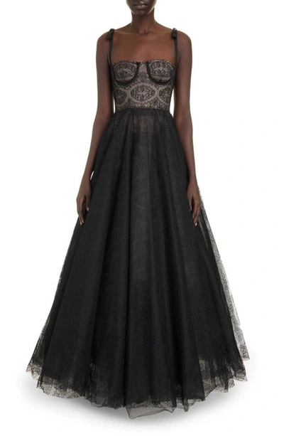 Giambattista Valli Bow-detail Lace Fit-&-flare Bustier Gown In Black