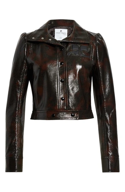 Courrèges Iconic Vinyl Two-tone Cropped Jacket In Brown