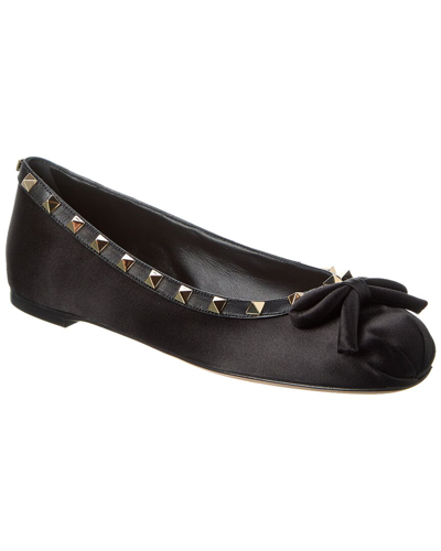 Valentino Garavani Rockstud Satin Bow Ballerina Flats In Black