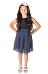 Popatu Metallic Sleeveless Tweed & Tulle Dress In Navy