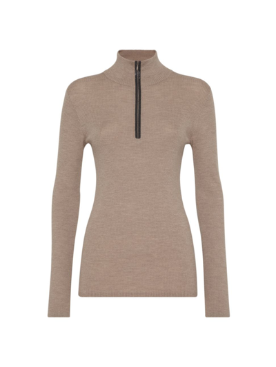 Brunello Cucinelli Lightweight Ribbed Virgin Wool And Cashmere Sweater With Precious Half Zip In Brown