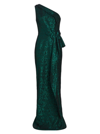 Teri Jon By Rickie Freeman Women's Metallic Jacquard Self-tie Column Gown In Emerald Multi
