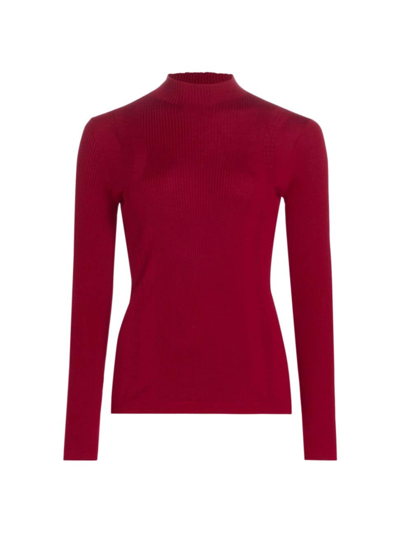 Elie Tahari Ribbed Mock-neck Pointelle-stitch Sweater In Red Currant