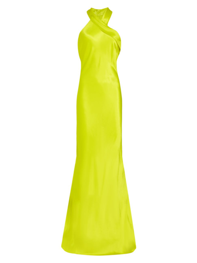 Galvan Pandora Cross Neck Satin Long Dress In Yellow