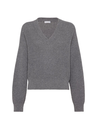 Brunello Cucinelli Cashmere Waffle Knit Sweater With Micro Paillettes In Medium Grey