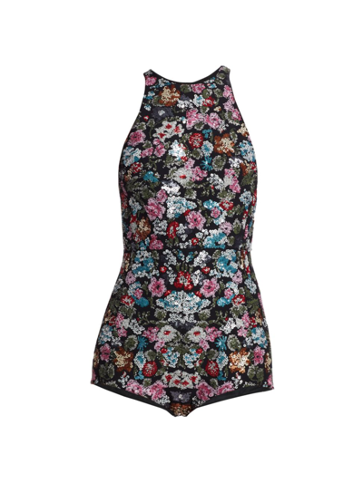 Giambattista Valli Floral Sequined Bodysuit In Black Multi