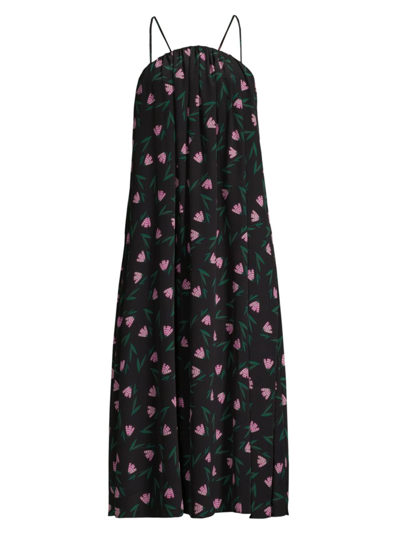 Emporio Armani Sleeveless Floral-print Silk Midi Shift Dress In Black