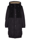 BRUNELLO CUCINELLI WOMEN'S TAFFETA AND VIRGIN WOOL AND CASHMERE FLEECY PANELLED DOWN COAT WITH HOOD AND MONILI