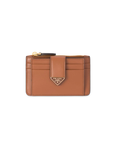 Prada Triangle Zip Leather Card Holder In Brown