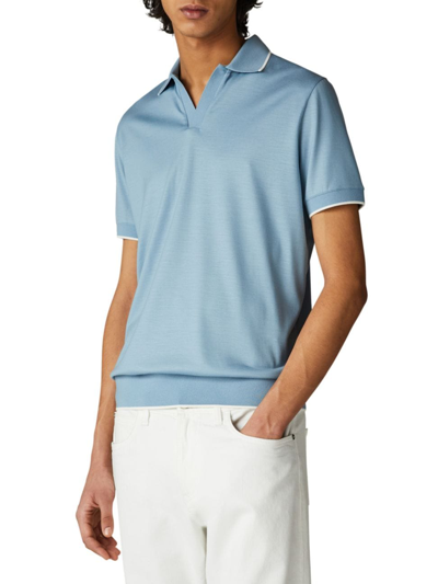 Loro Piana Men's Melange Open Collar Polo Shirt In Blue Bell