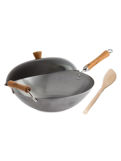 Escali Joyce Chen Classic 14'' Uncoated Carbon Steel Flat Bottom Wok 4-piece Set In Neutral