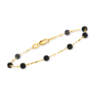 Ross-simons Italian Onyx Bead Station Bracelet In 18kt Yellow Gold In Black