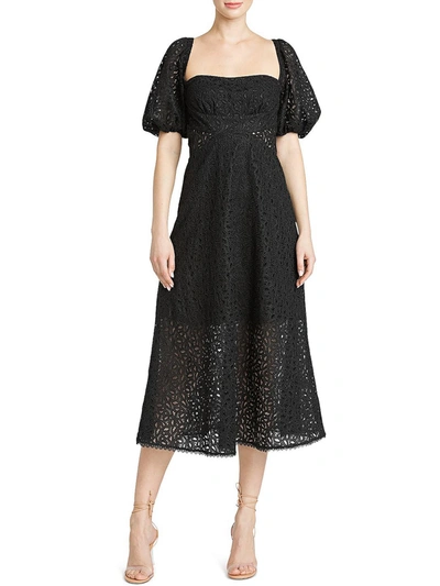 ml Monique Lhuillier Lace Puff-sleeve Midi-dress In Black