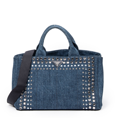 Prada Studded Medium Canapa Tote In Blue