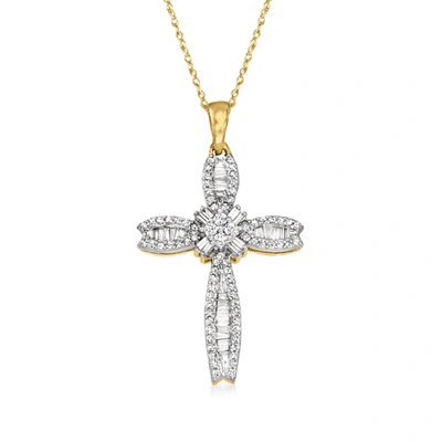 Ross-simons Baguette And Round Diamond Cross Pendant Necklace In 14kt Yellow Gold In Silver