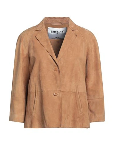 Sword 6.6.44 Woman Suit Jacket Camel Size 10 Soft Leather In Beige