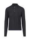 Drumohr Fitted Black Merino Wool Long Sleeve Polo In Black