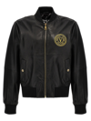 Versace Jeans Couture Black V-emblem Leather Bomber Jacket In Black