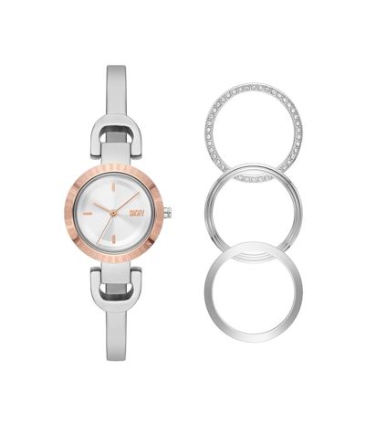 Dkny Women's City Link Silver-tone Stainless Steel Bracelet Watch 26mm And Top Rings Set In Gold Tone / Rose / Rose Gold Tone / White