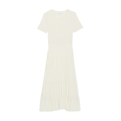 Claudie Pierlot Lace-insert Pleated Cotton Midi Dress In Elfenbein