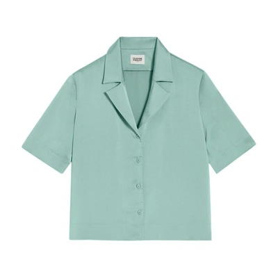 Claudie Pierlot Womens Verts Notched-lapel Straight-fit Satin Shirt In Wasser_grun