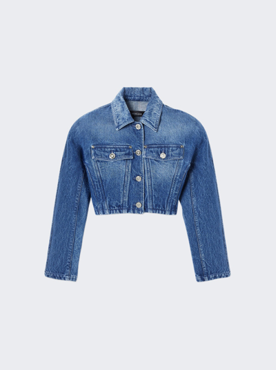 Versace Rounded Crop Denim Jacket In Medium Blue