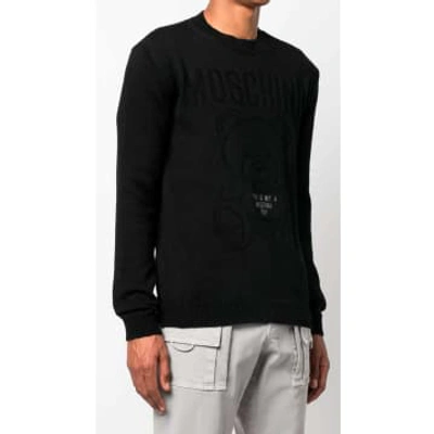 Moschino Teddy Cotton Knit Crewneck Sweater In Negro