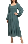 August Sky Smocked Long Sleeve Tiered Dress In Teal
