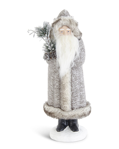 K & K Interiors 17in Gray Fur Coat Santa With Pine