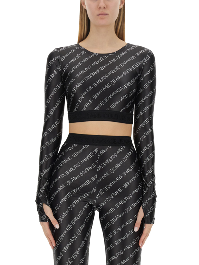 Versace Jeans Couture Long Sleeve Logo-print Crop Top In Black