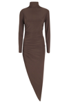 Norma Kamali Turtle Neck Side Drape Gown In Chocolate