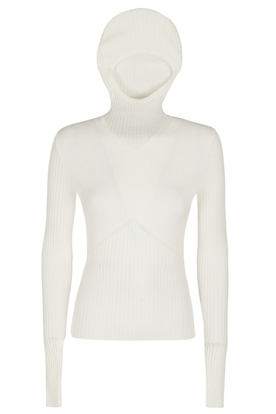 Andreädamo Ribbed Knit Hoodie Top In White