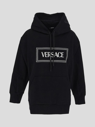 Versace Embroidered Logo Hooded Sweatshirt In Black