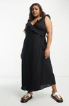 Asos Design Ruffle Detail Midi Wrap Sundress In Black In Black