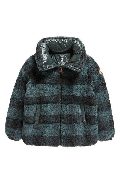 Save The Duck Kids' Ixora High Pile Fleece Recycled Polyester Puffer Jacket In Check Forest Green Black