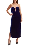 Bardot Lilah Strapless Stretch Velvet Midi Dress In Vibrant Blue