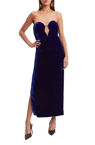 Bardot Lilah Strapless Stretch Velvet Midi Dress In Blue
