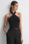 Reiss Black Tessa Satin Halter Neck Top In Black