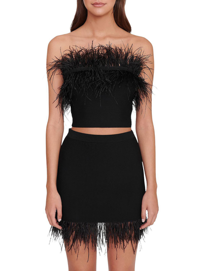 Staud Chaya Womens Ostrich Feather Short Mini Skirt In Black