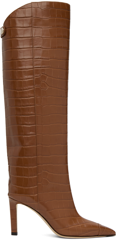 Jimmy Choo Alizze 85 Croc-embossed Knee-high Boots In Brown