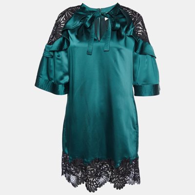 Pre-owned Self-portrait Dark Green Satin & Lace Shift Dress M