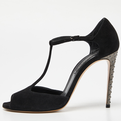 Pre-owned Casadei Black Suede Crystal Embellished Heel Ankle Wrap Sandals Size 38
