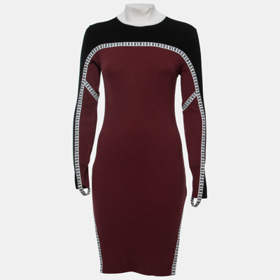 Pre-owned Versus Black/burgundy Ribbed Knit Logo Tape Bodycon Dress M