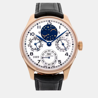 Pre-owned Iwc Schaffhausen White 18k Rose Gold Portugieser Iw5034-05 Automatic Men's Wristwatch 44 Mm