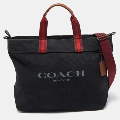 Pre-owned Coach Black/burgundy Canvas And Leather 38 Tote