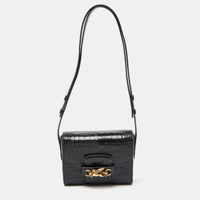 Pre-owned Etro Black Croc Embossed Leather Flap Shoulder Bag